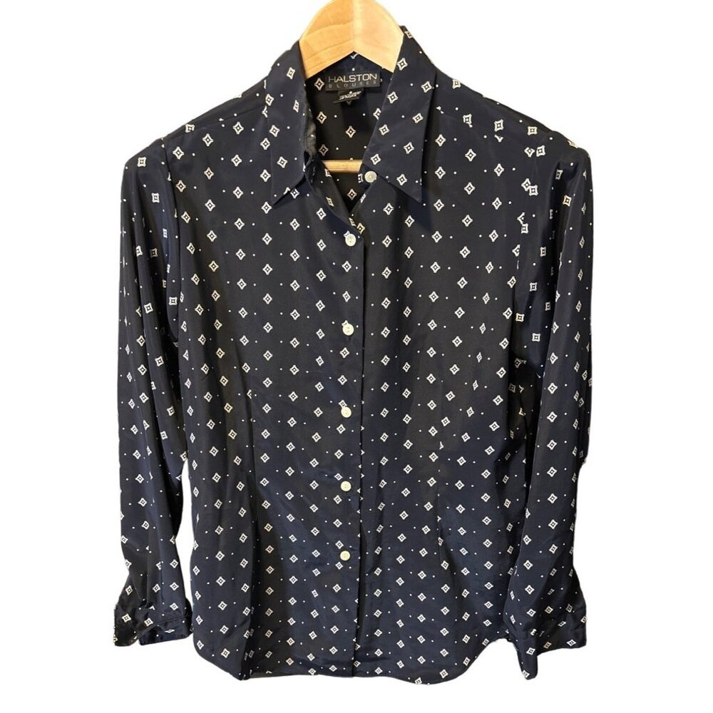 Halston Black Patterned Button Front Long Sleeve … - image 1